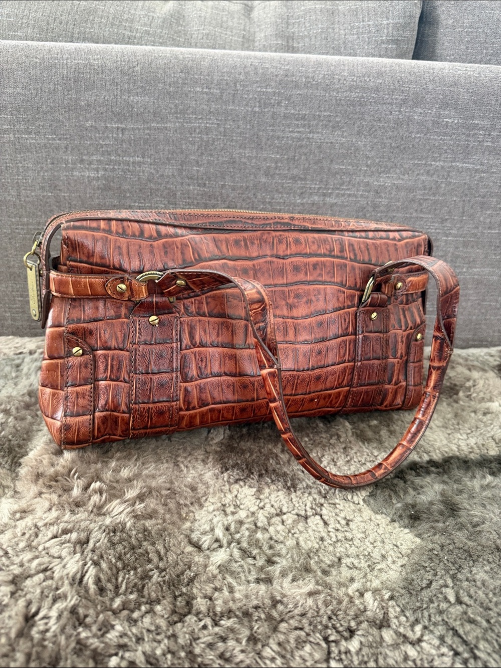Cole Haan Croc-Embossed Shoulder Bag in Cognac Brown